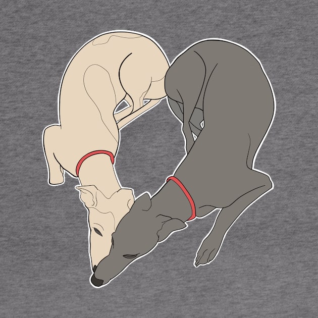 Adorable Greyhound dog design shaped in a heart with the word love inside, with a grey and a fawn greyhound with red collar details by This Iggy Life